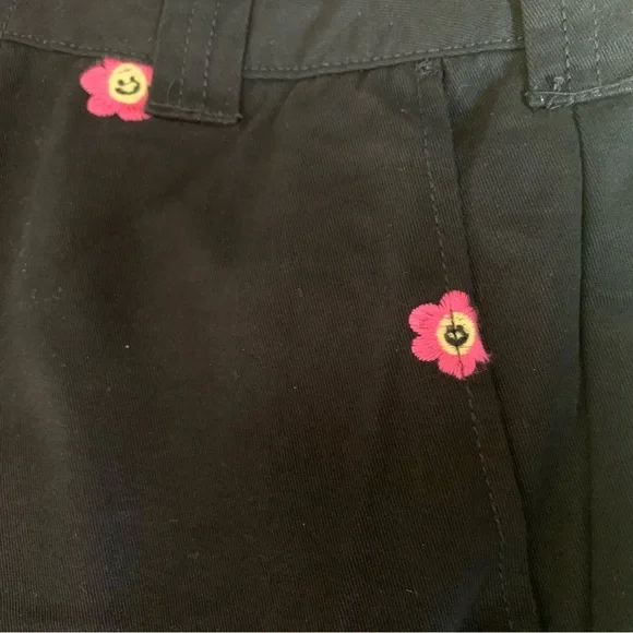Cotton Wide-leg Leg Pants Embroidered Happy Face Flower Twill Party Pants BLK L - Picture 6 of 11
